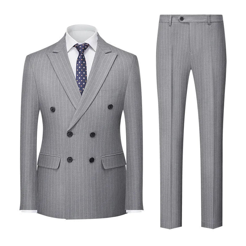 Men's slim fit double-breasted business suit in acetate blend fabric, shown in dark grey.