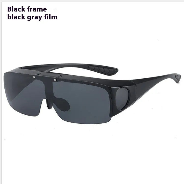 Polarised sunglasses with one-piece myopia lenses and interchangeable lens options in black, grey, dark green, tea, vari-colour, night vision, and yellow green.