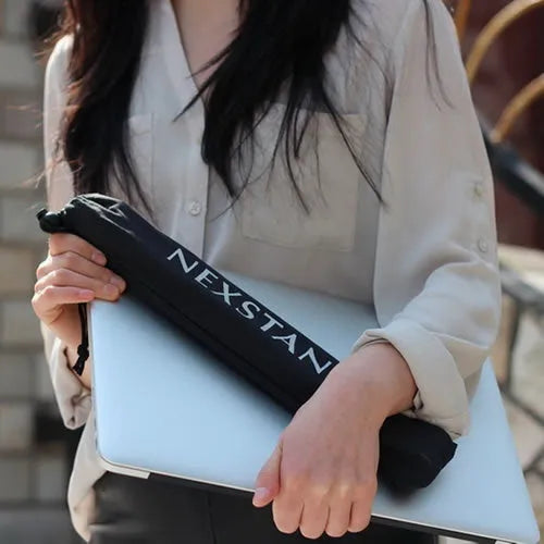 Black foldable portable laptop stand with enhanced nylon construction shown folded to 35.4cm with carrying case