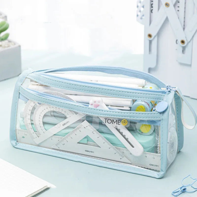Transparent double-layer pencil case showing two compartments with dimensions 220x110x80mm