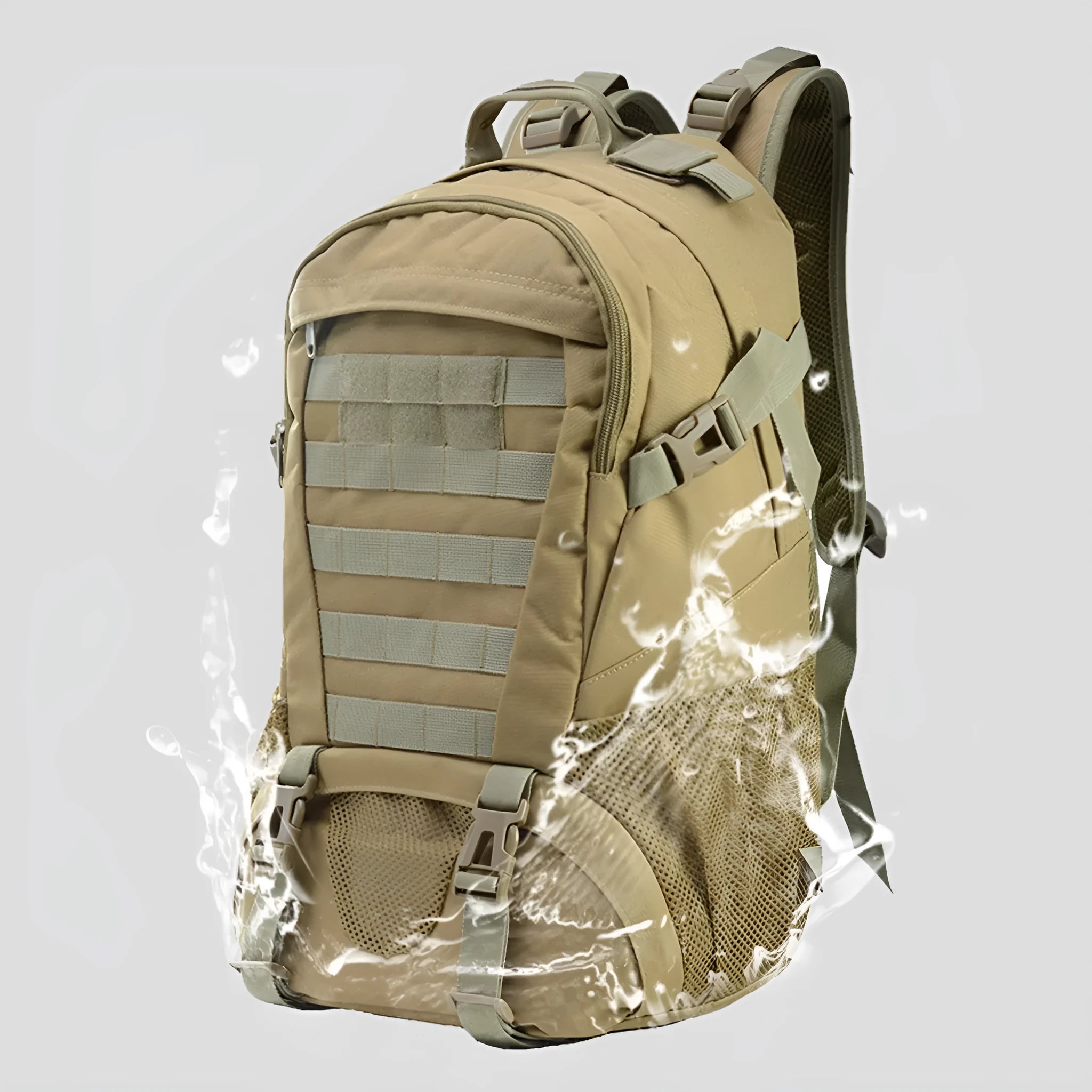 Khaki coloured Oxford cloth mountaineering backpack with an air pillow belt, shown with dimensions 49cm by 31cm.