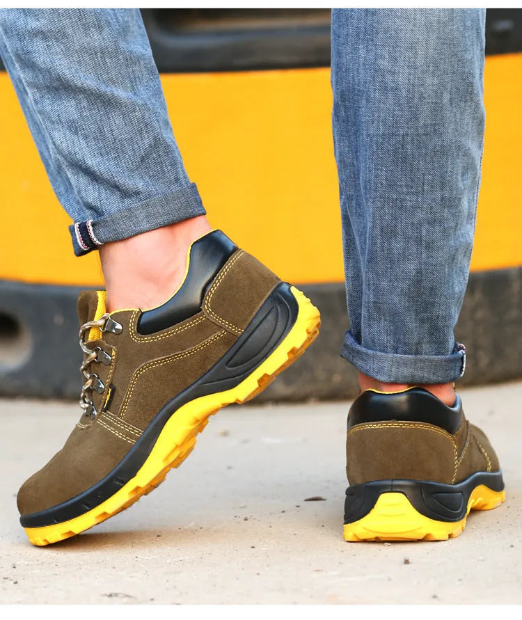 Bronze unisex safety shoes with steel toe caps and anti-skid soles for workplace protection