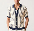 Men's white asymmetric lapel knitted top with short sleeves and striped pattern, made from ice silk and spandex fabric
