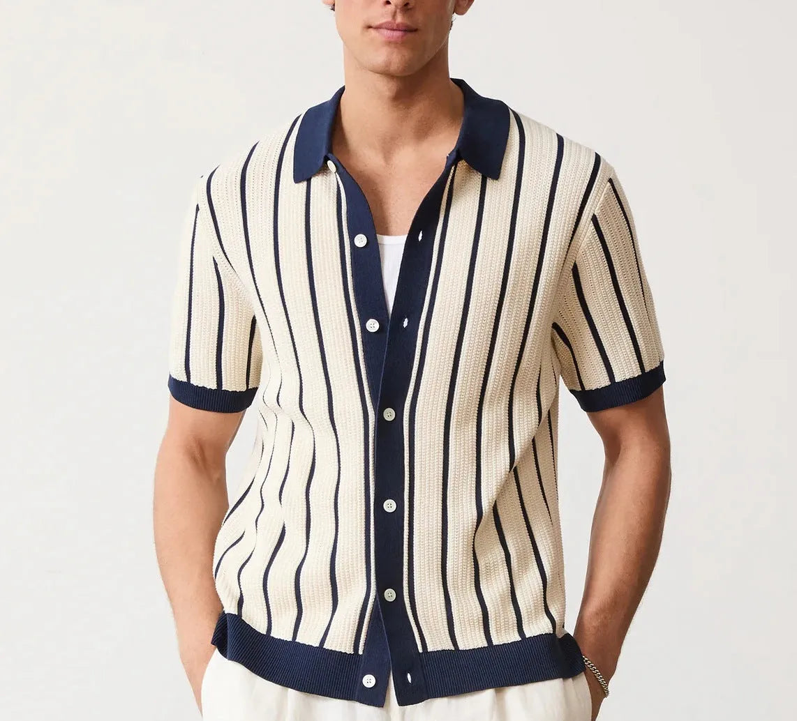 Men's white asymmetric lapel knitted top with short sleeves and striped pattern, made from ice silk and spandex fabric
