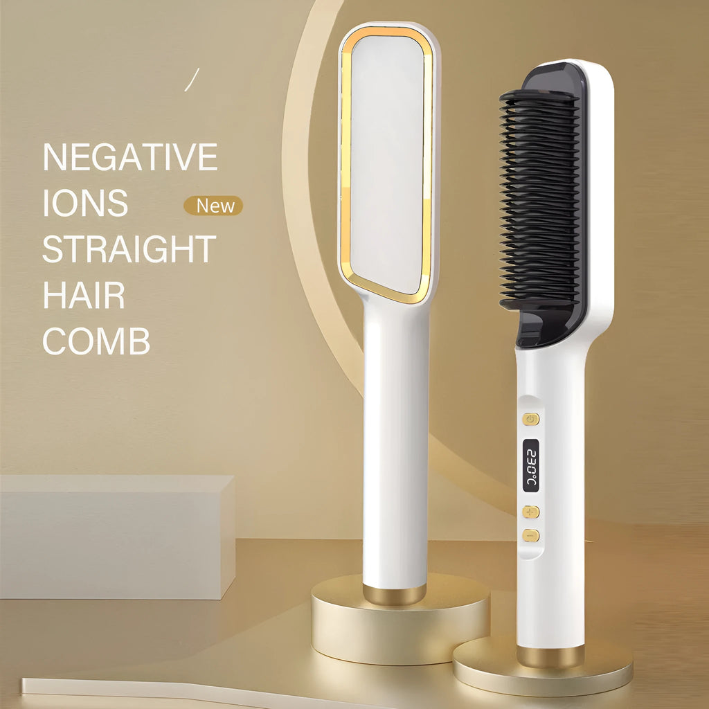 Gold professional electric hair straightener brush with ceramic heating plates and multiple heat settings.