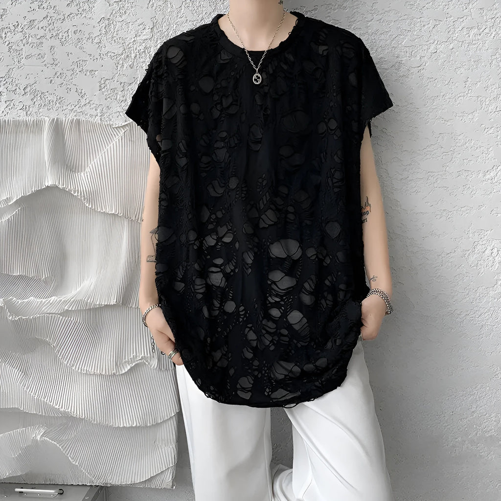 Black ripped sleeveless vest with wide shoulders and loose Japanese retro pullover style.
