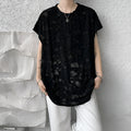 Black ripped sleeveless vest with wide shoulders and loose Japanese retro pullover style.
