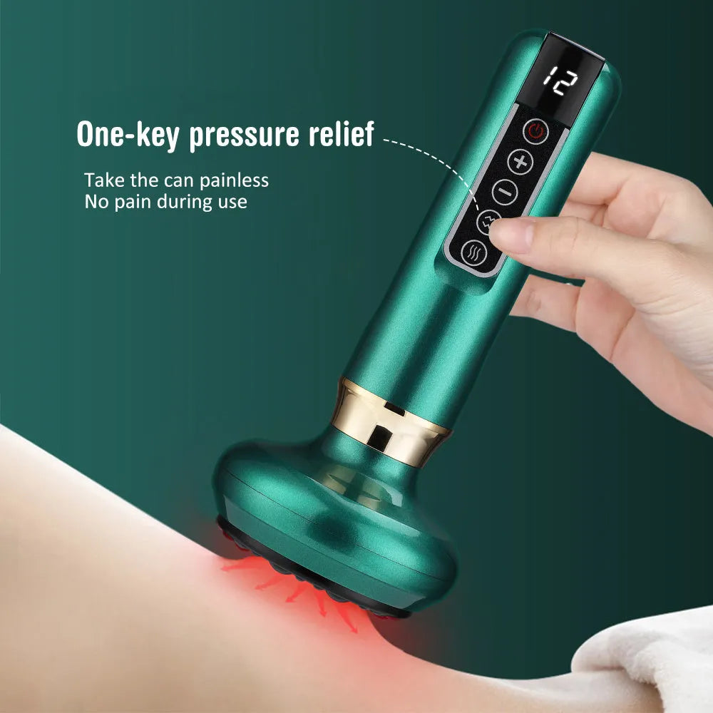 Green electric vacuum cupping massager with adjustable suction controls and infrared heating function