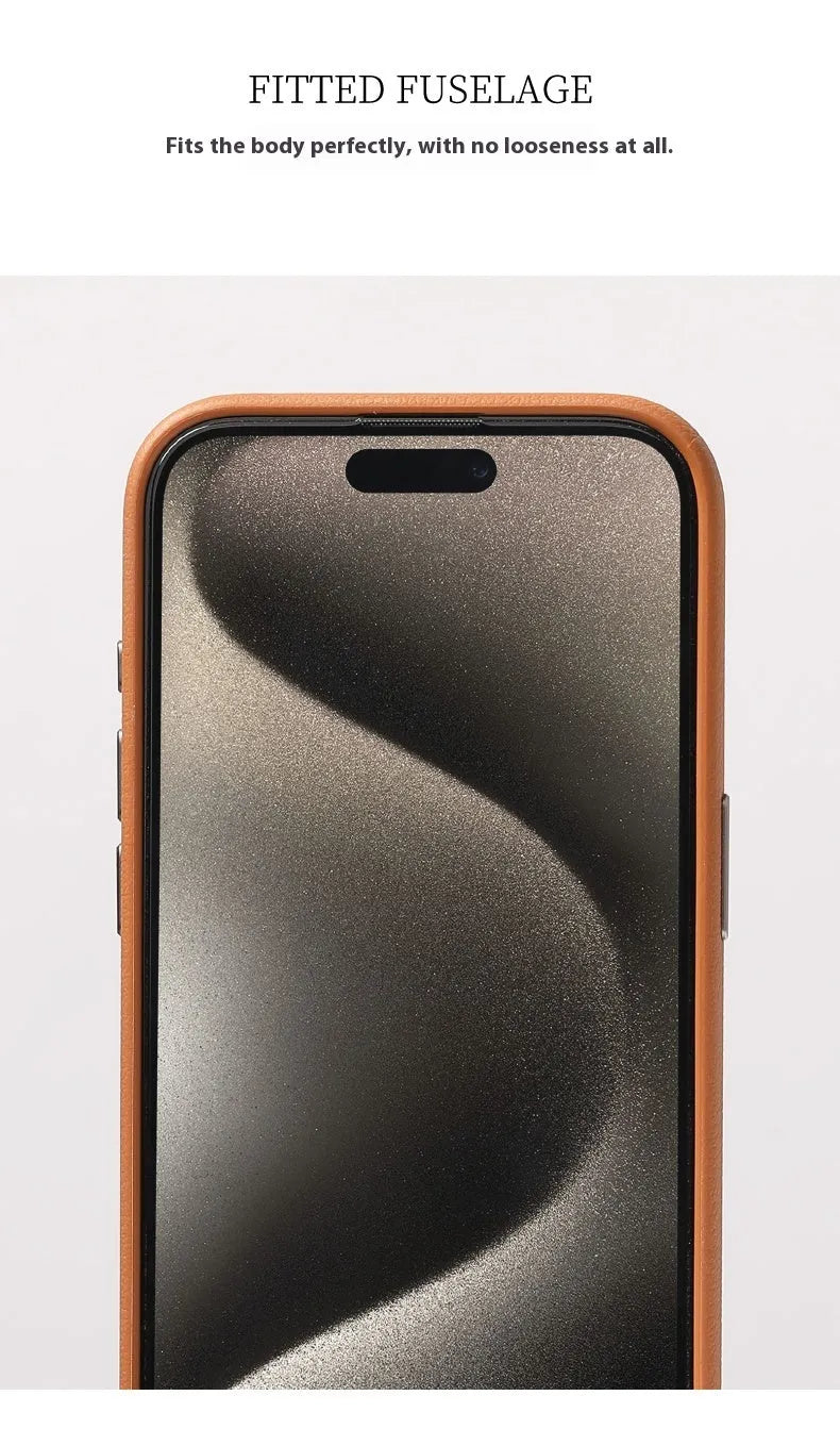 Leather MagSafe compatible iPhone case with metal alloy lens surround in black, brown, and grey colour options