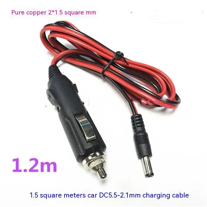 Black 12V car cigarette lighter to DC5.5 power cable with fuse and indicator light, 1.2 metres long