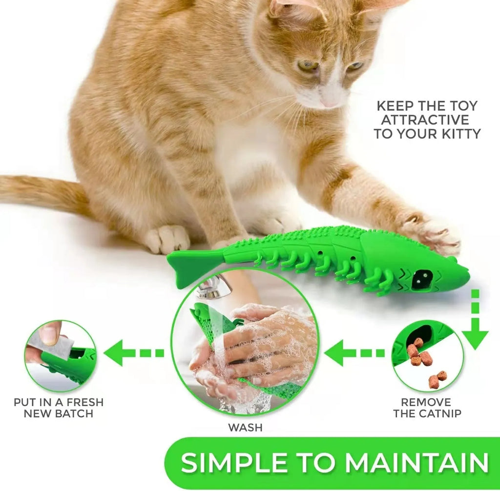 Blue hard rubber cat chew toy with textured surface for dental care during play