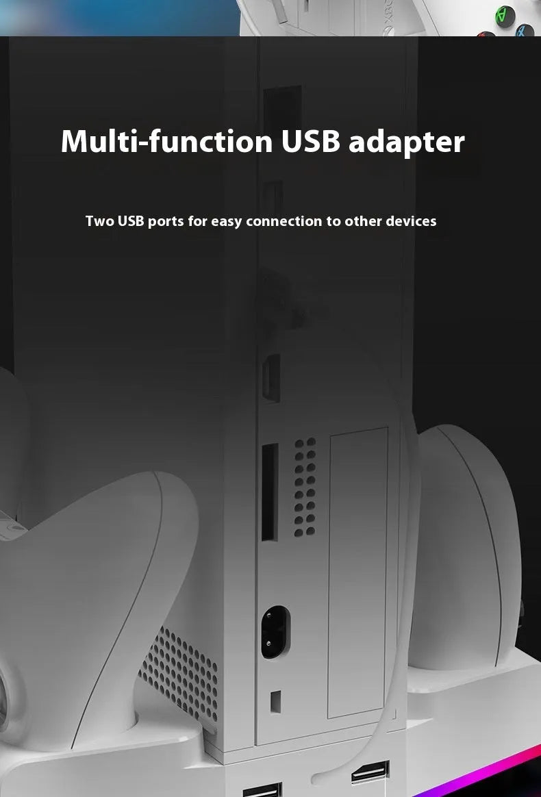 Xbox Series S multi-function charging cooler pad with fan, earphone hook, colourful light, ABS, black or white