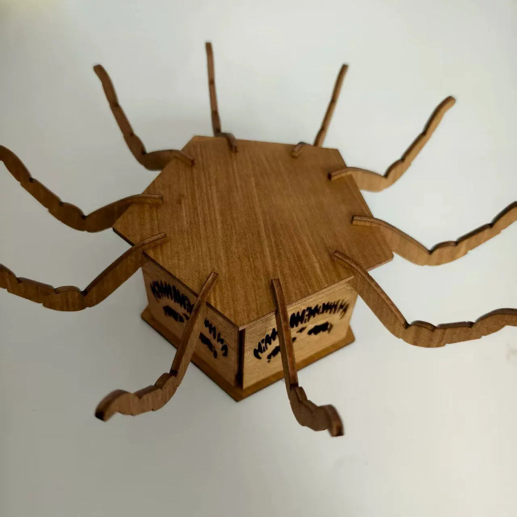 Wooden spider silhouette candlestick measuring 21cm tall with 8.5cm base for Halloween decorations