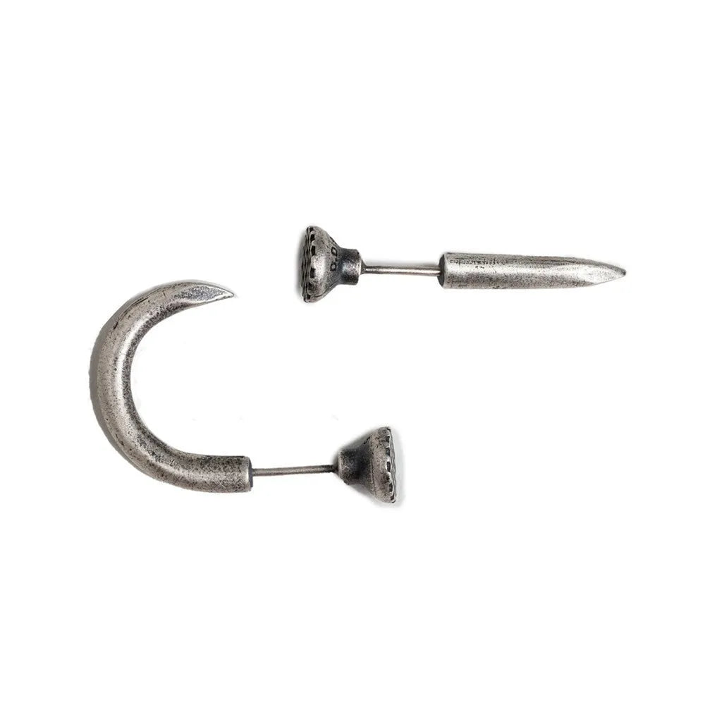 S925 sterling silver nail earrings with ear hook, showing straight and curved nail designs in punk style