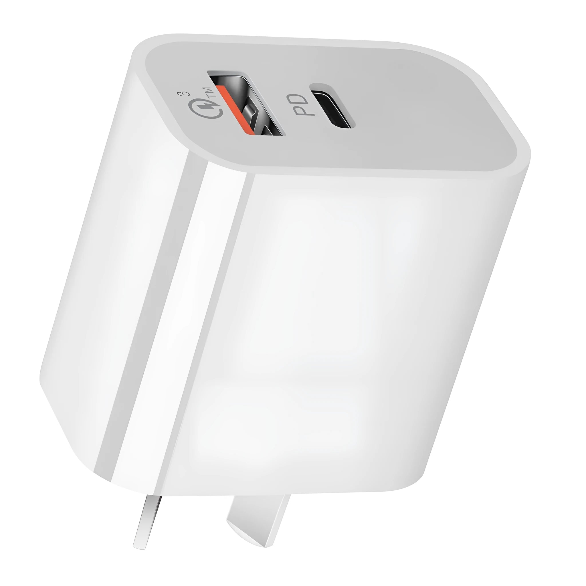 White Australian dual port USB wall charger showing Type-A and Type-C ports