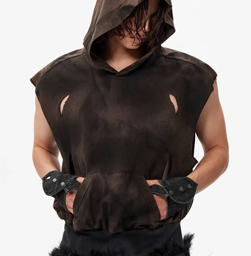Khaki coloured cotton short sleeve hood vest on a hanger.