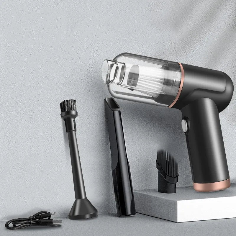 Wireless hand-held wet and dry vacuum cleaner in black or gold with brush, two nozzles, and USB charging wire