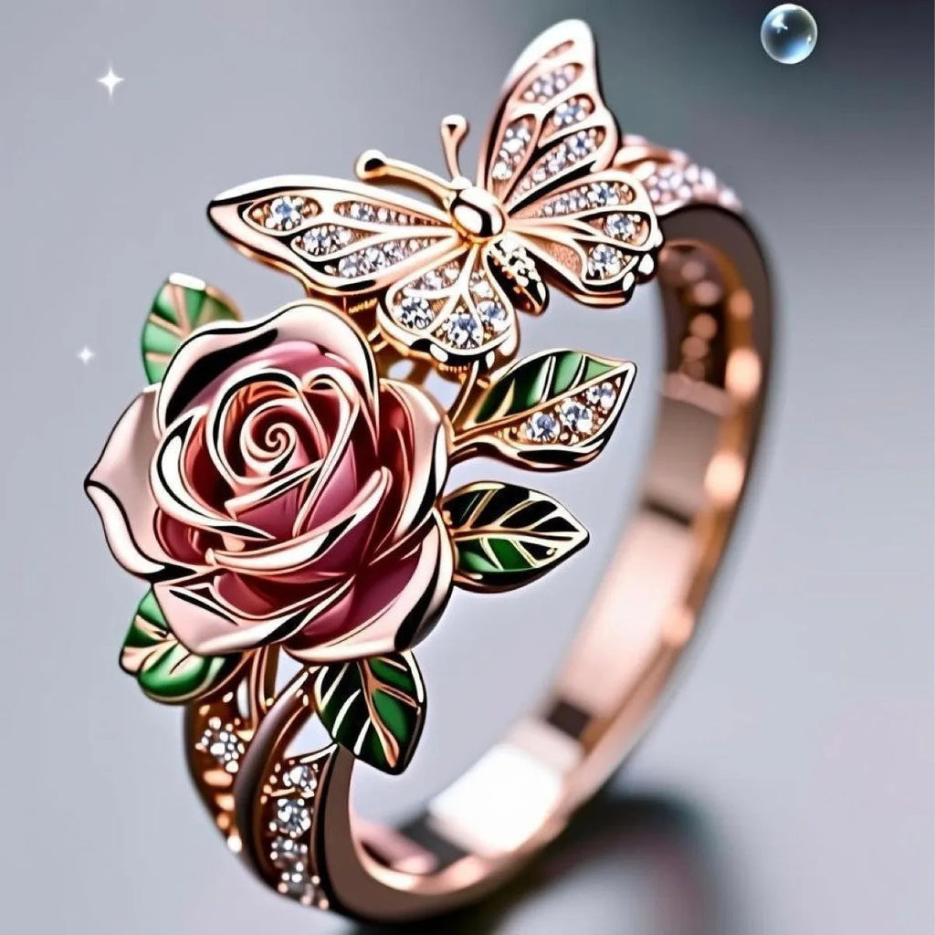 Adjustable fairy-style alloy ring with dripping oil treatment showing butterfly and floral motifs