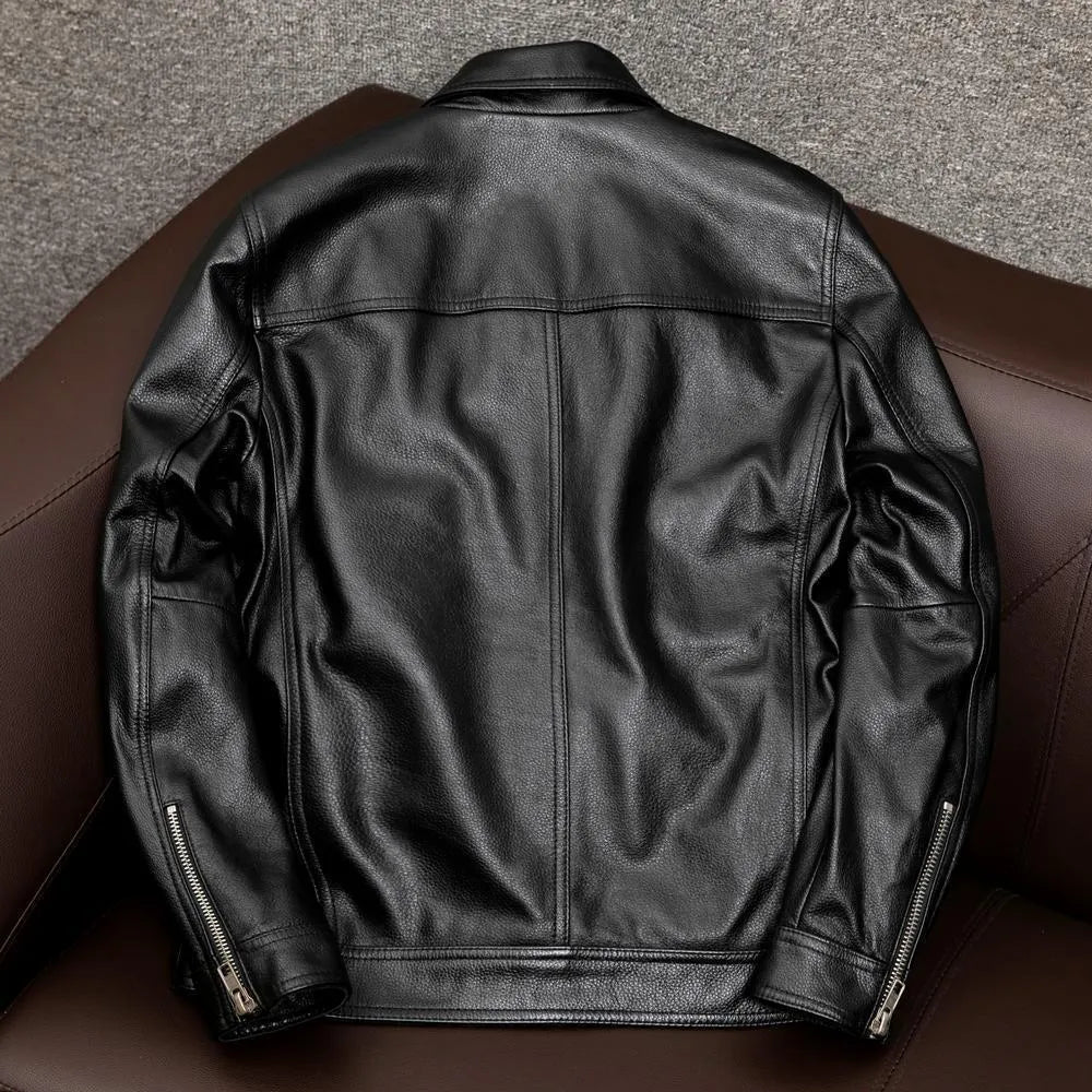 Lapel short PU leather jacket with side pockets in black or brown, loose fit for plus sizes