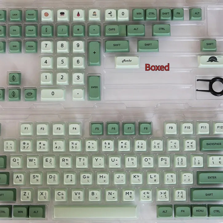 124 Matcha green PBT keycaps with white dye-sublimated legends, arranged in a keyboard layout.