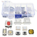 Box containing 250 SMT surface mount patch button switches for electronics assembly.