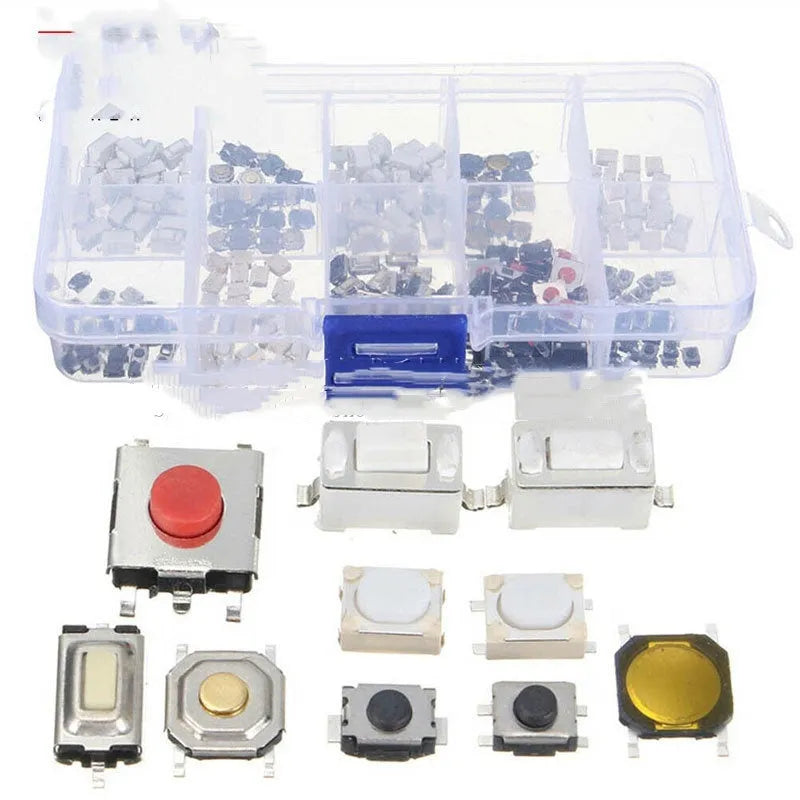 Box containing 250 SMT surface mount patch button switches for electronics assembly.