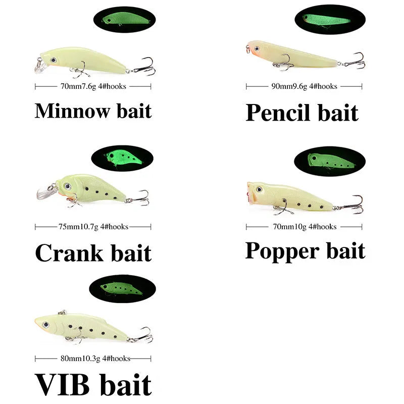 3D fluorescent simulation submerged luminous hard bait fishing gear five-piece set showing detailed scale patterns and luminous properties