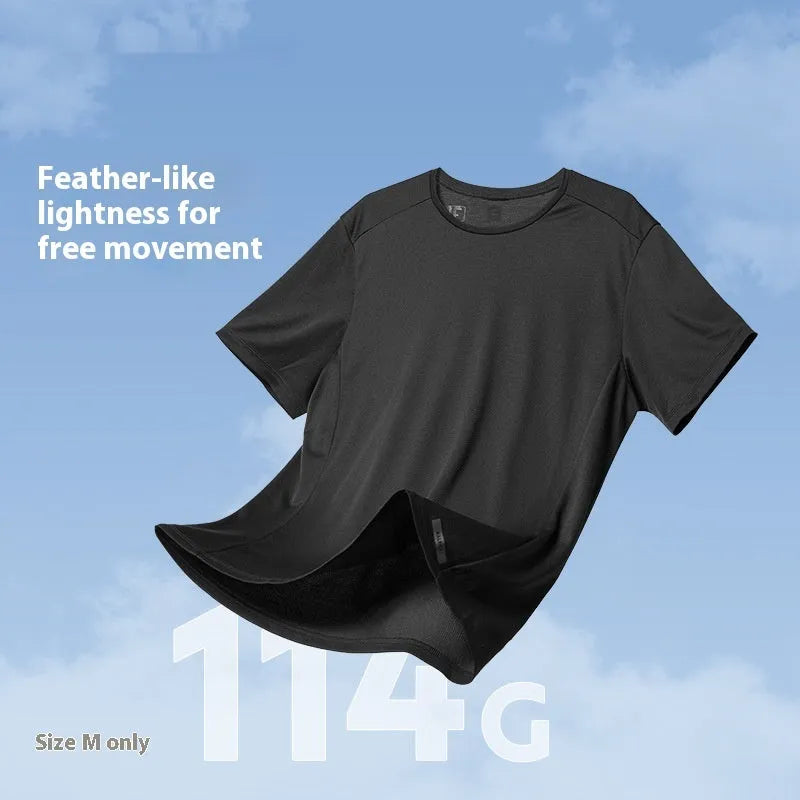 Men's black quick-dry polyester sports t-shirt for running and fitness on a hanger