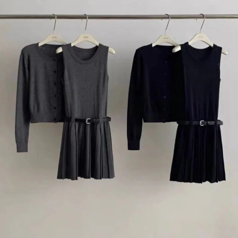 Women's national style knitted two-piece with vest skirt and cardigan featuring 3D pattern texture and adjustable belt