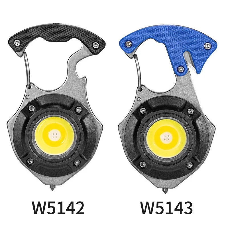 Portable aluminium multifunctional keychain flashlight with keyring and display screen.