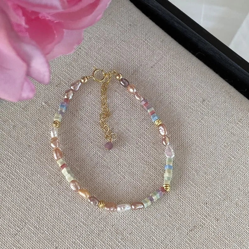Handcrafted natural pearl bracelet and necklace set with 14K gold-plated finish and U-shaped design