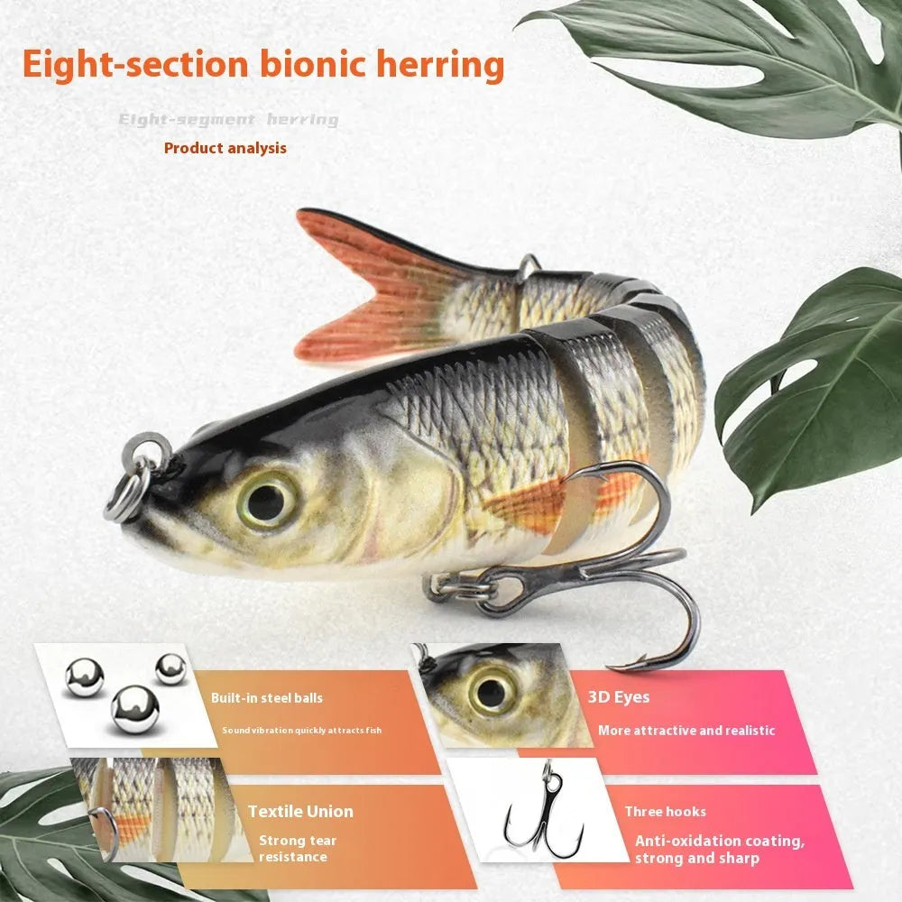 Hard plastic fishing lure with bionic eight fish design, 133mm long, shown in multiple colour options.