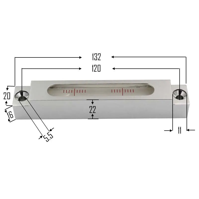 Metal and glass mini strip level measuring 132mm with 500 bubble vials for accurate levelling