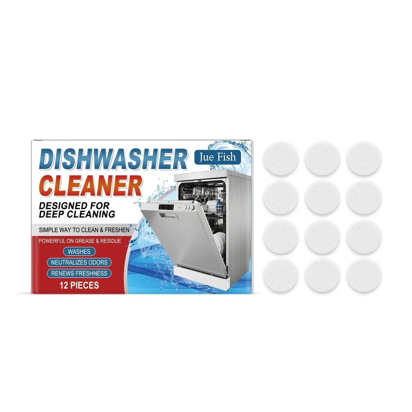 Box of 12 dishwasher cleaning tablets with sodium bicarbonate and citric acid formula for limescale removal