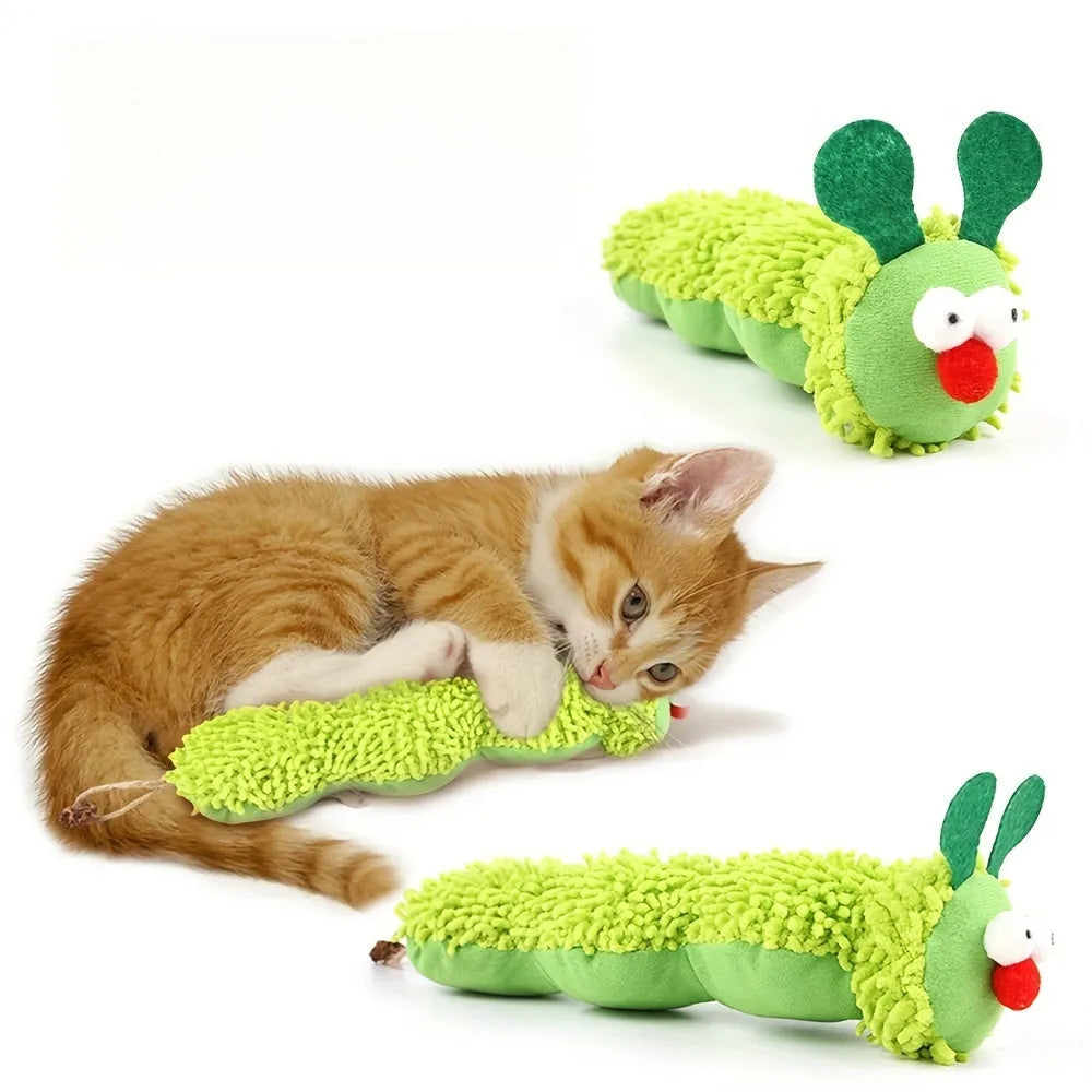 Green interactive plush cat toy pillow measuring 24x11x5cm with rechargeable electronic features