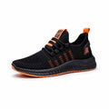 Men's sports shoes with Flying Weave upper, cross strap detailing, and wear-resistant soles in black, orange, or yellow colour options