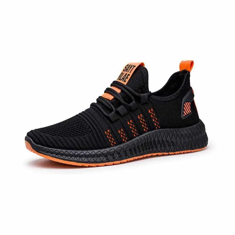 Men's sports shoes with Flying Weave upper, cross strap detailing, and wear-resistant soles in black, orange, or yellow colour options