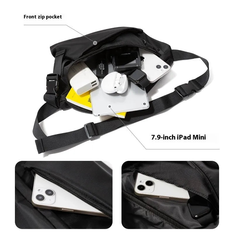 Black men's slanted chest bag with sewing line detail, made from Oxford fabric.
