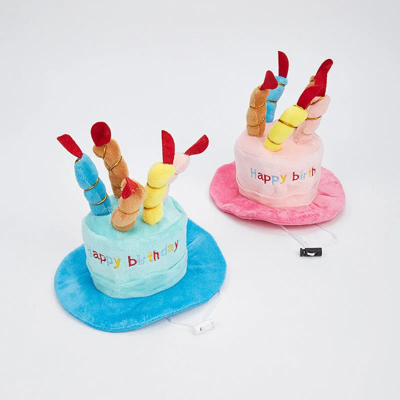 Blue and pink dog birthday hat toy showing 21x15x6.5cm dimensions for pet celebrations