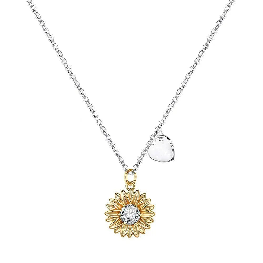 Sunflower necklace with geometric daisy pendant on adjustable cross chain, 925 silver jewellery