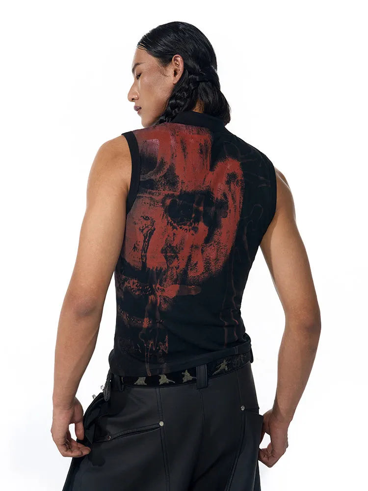 Black half turtleneck sleeveless t-shirt with a character print, slim fit.