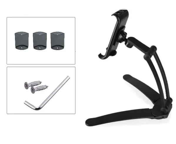 Aluminium alloy desktop tablet stand with adjustable clips and 360-degree rotation for tablets up to 10.5 inches