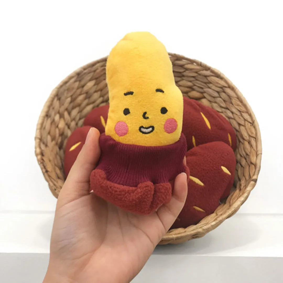 Sweet potato pet puzzle toy with removable peel showing internal food pockets for hiding treats