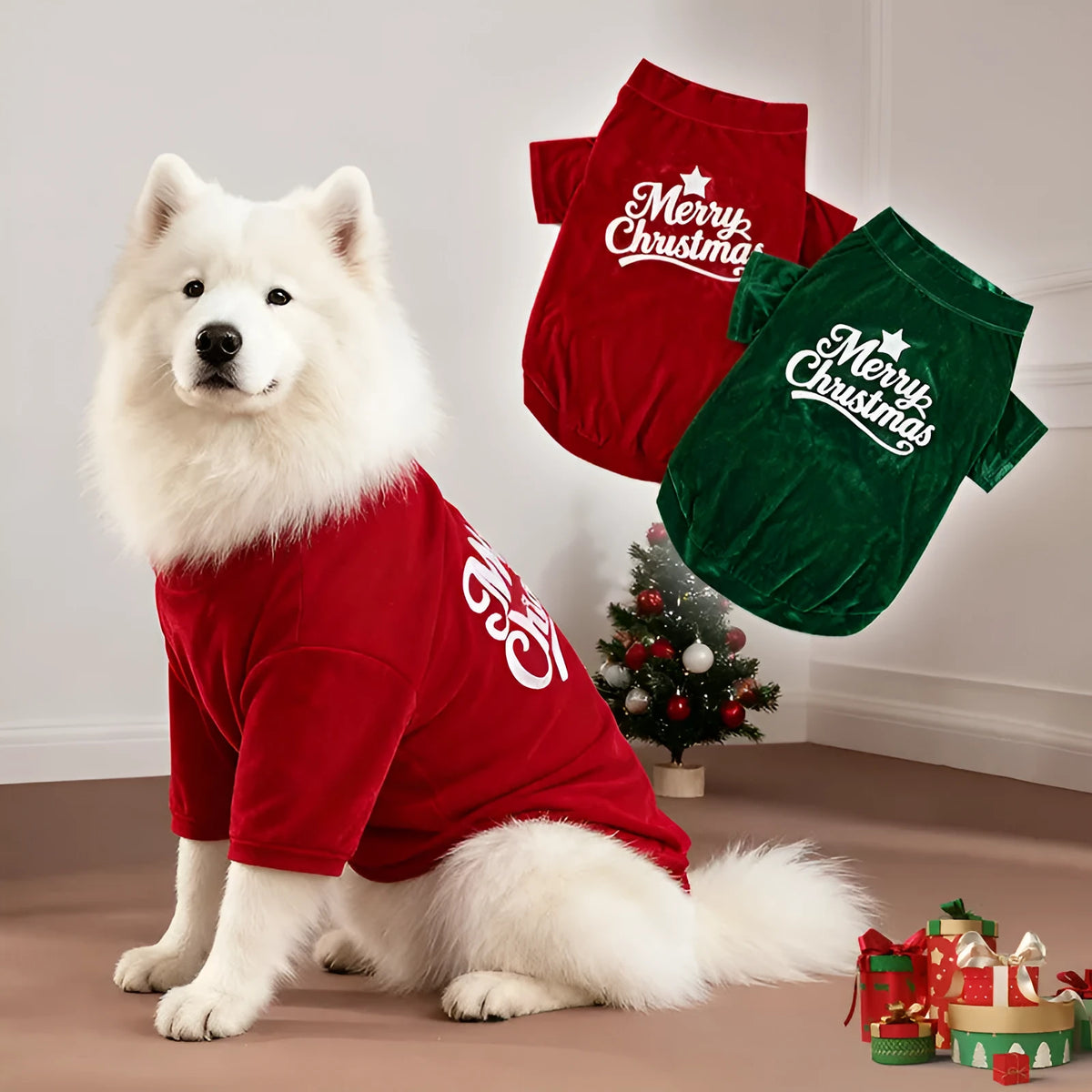 Christmas pet clothes in red or green, polyester dog and cat outfit, sizes S to 6XL