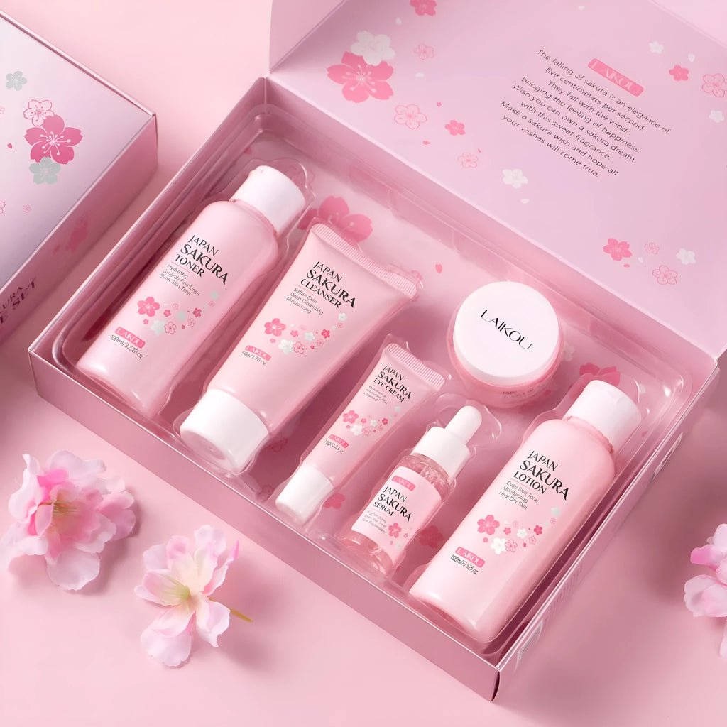 Cherry Blossom 6-piece skincare set showing cleanser, toner, moisturiser, essence, eye cream and essence cream