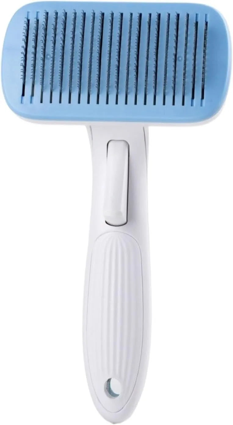 Pet automatic hair removal comb showing 10.7x19.5cm dimensions with one-click hair removal system