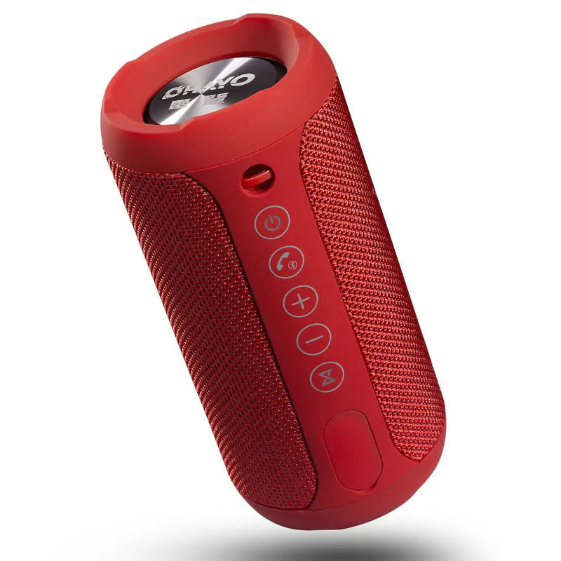 Outdoor waterproof Bluetooth speaker in black, camouflage, grey, or red colours with 20m range and 8-hour battery