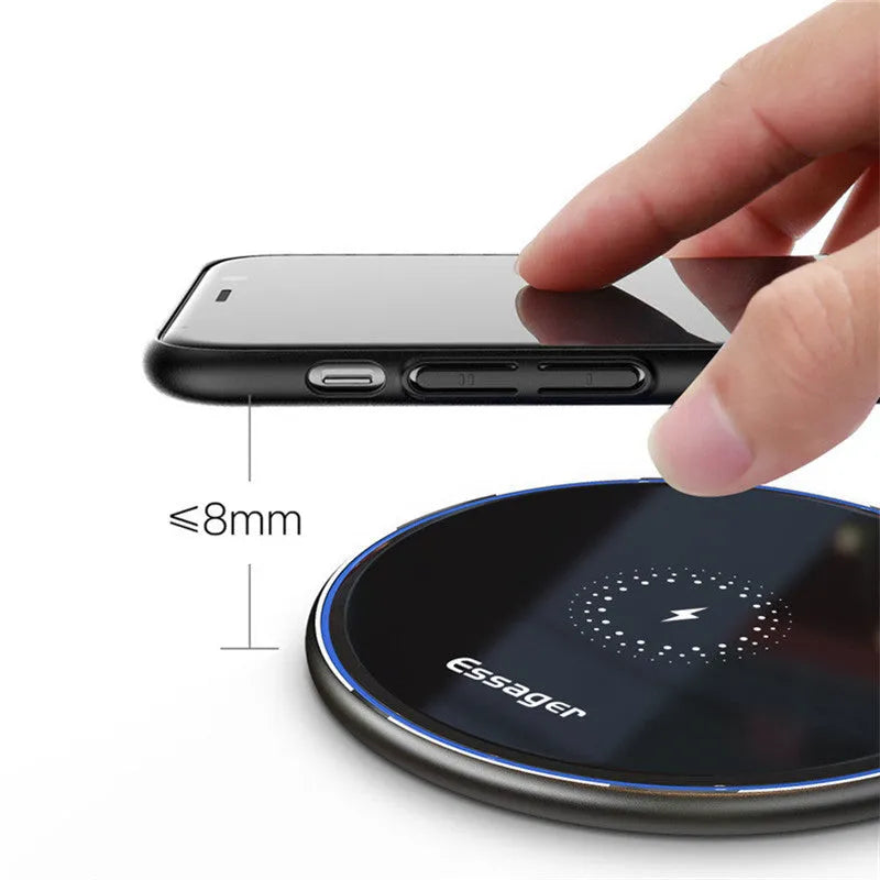 Black or white wireless charging pad with aluminium alloy surface and LED light, measuring 10.1cm by 7cm