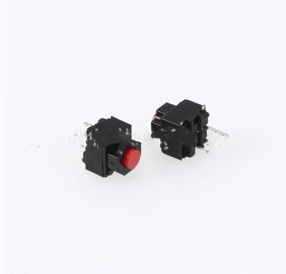 Waterproof micro tactile switch with aluminium alloy housing and pin terminals for PCB mounting.