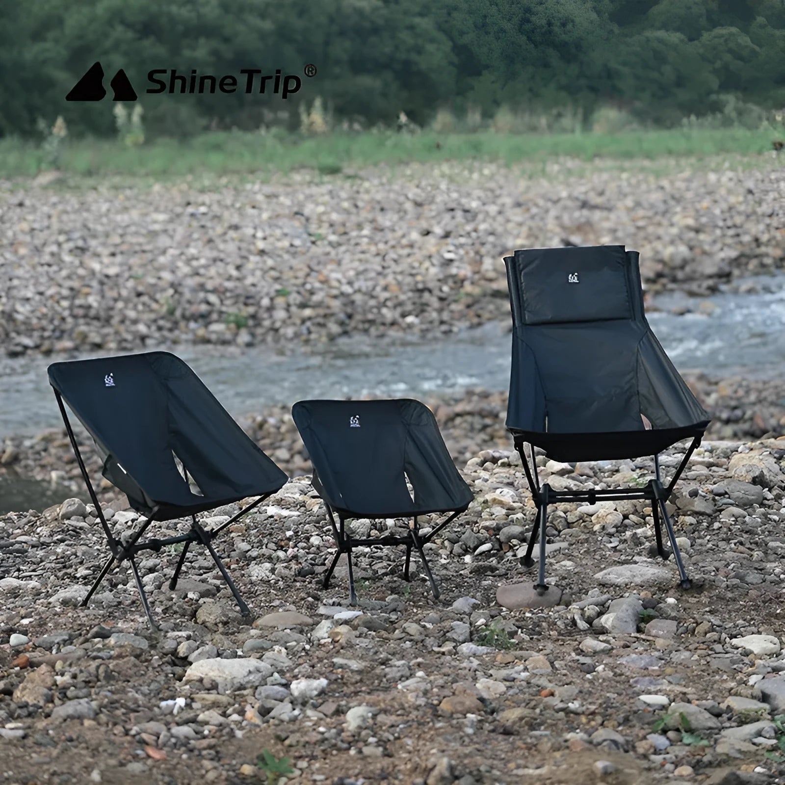 Aluminium alloy folding moon chair in army green, shown in a folded and unfolded state.